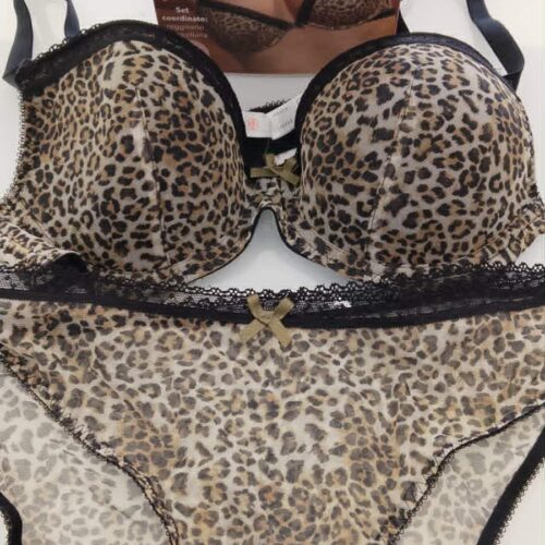 Completo Intimo Donna Si è Lei – Reggiseno Coppa Graduata Effetto Push-Up e Brasiliana, Leopardato